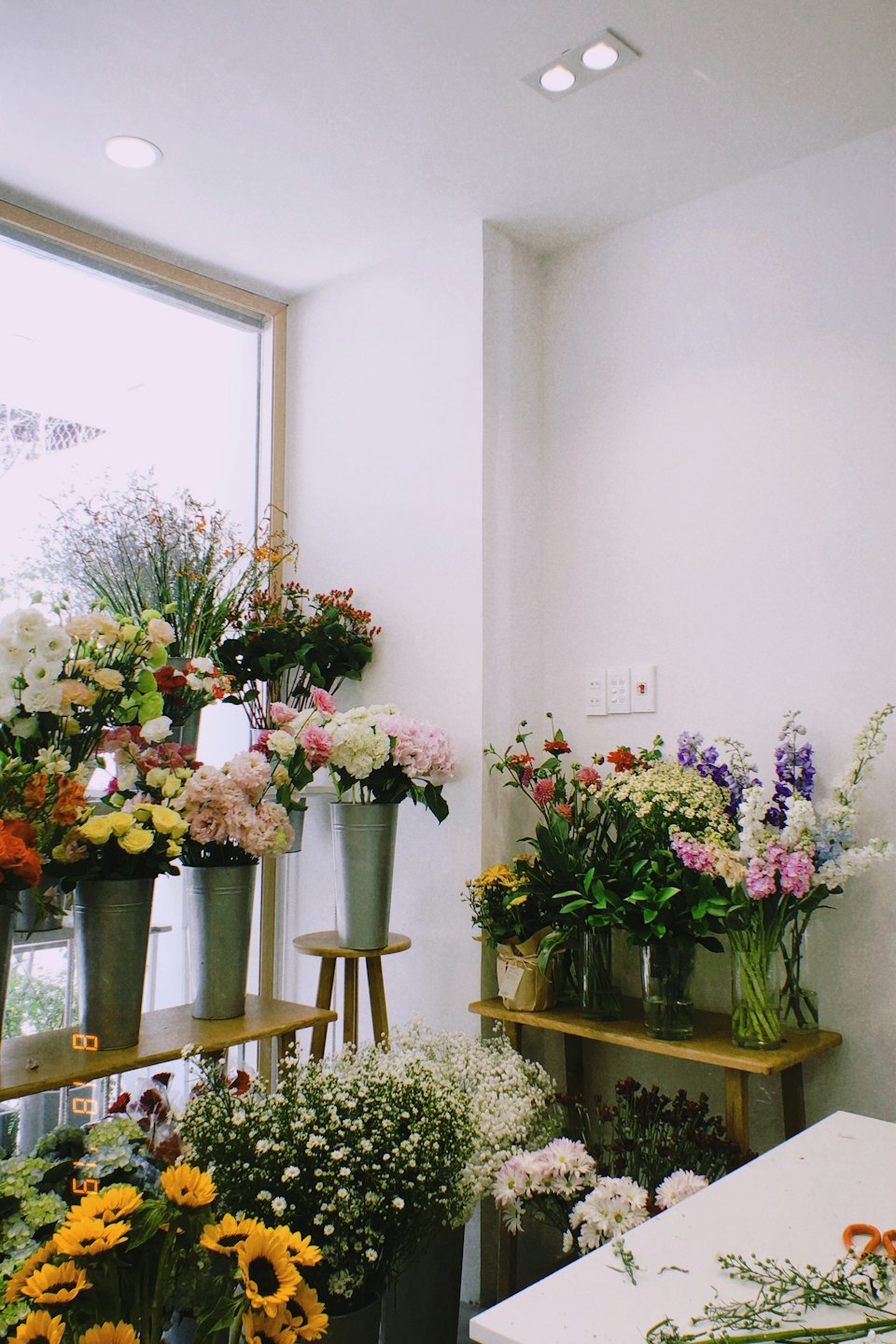 Negozio di fiori con fiori freschi recisi in secchi e vasi.